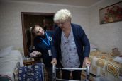 Antonina Kolytova, aged 68, from Vuhledar, receives a rehabilitation and mobility session from physiotherapist, Maria Topka. Novomoskovsk, Ukraine.
